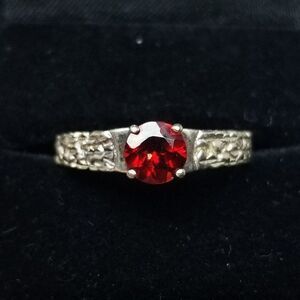 Vintage Sterling Silver Round Red Rhinestone Solitaire Ring, Size 9 1/2 Band